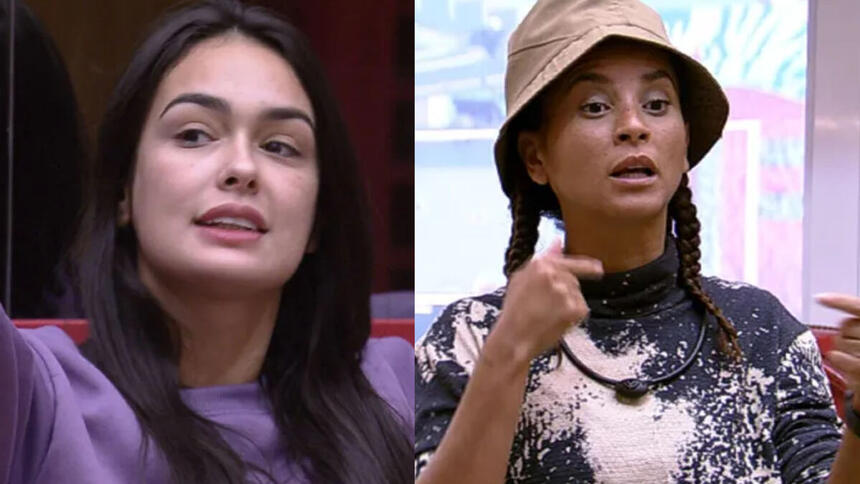 Montagem com trechos da discussão entre Larissa e Domitila Barros na sala do BBB 23