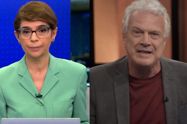 Montagem de Renata Lo Prete, na bancada do Jornal da Globo, e de Pedro Bial, no estúdio do Conversa com o Bial