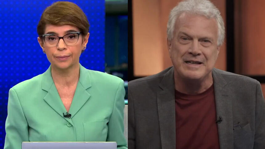 Montagem de Renata Lo Prete, na bancada do Jornal da Globo, e de Pedro Bial, no estúdio do Conversa com o Bial
