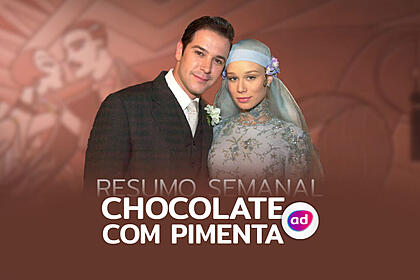 Arte do resumo semanal da novela chocolate com pimenta, exibida na tv globo