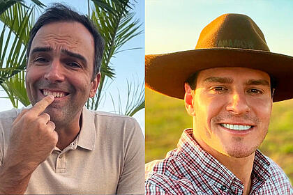 Imagem 1: Tadeu com o dedo na boca, sorrindo; Gustavo Cowboy sorrindo, de chapéu