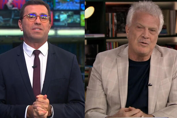 Rodrigo Bocardi, no cenário do Jornal da Globo, em montagem com Pedro Bial, no estúdio do Conversa com Bial