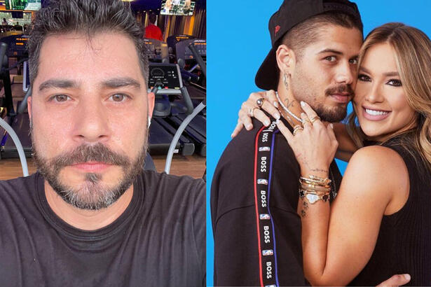 Imagem de Evaristo Costa, em montagem com Virgínia Fonseca e Zé Felipe abraçados juntos