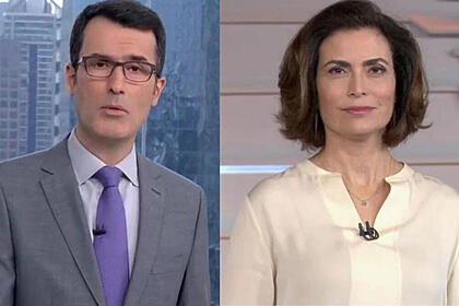 Fabio Turci e Giuliana Morrone em um montagem nos estúdios da Globo, durante apresentação nos telejornais