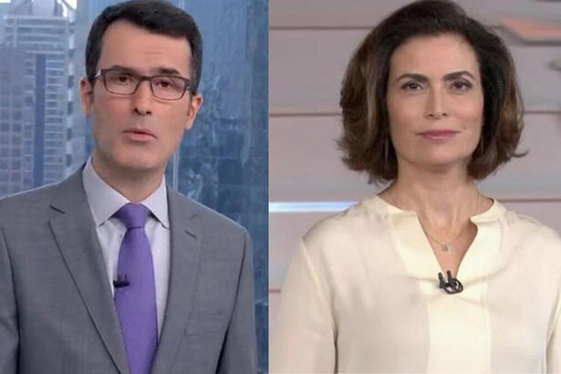 Fabio Turci e Giuliana Morrone em um montagem nos estúdios da Globo, durante apresentação nos telejornais