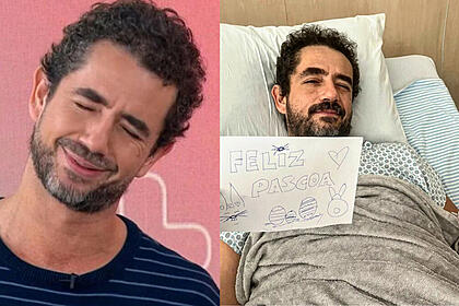 Felipe Andreoli participando do Mais Você, em montagem com uma imagem dele na cama de hospital