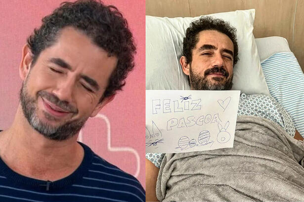 Felipe Andreoli participando do Mais Você, em montagem com uma imagem dele na cama de hospital