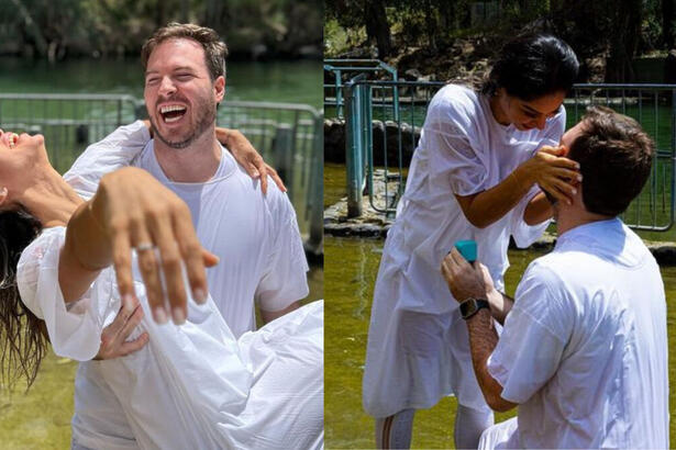 Maíra Cardi e Thiago Nigro (Prico Rico) em trechos do pedido de noivado, no Rio Jordão, em Israel
