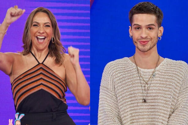 Montagem com Maria Beltrão e João Guilherme na bancada do Tem Ou Não tem do Caldeirão
