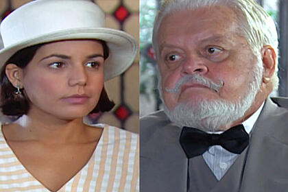 Montagem do capítulo 118 de chocolate com pimenta. Cena mostra graça contando o segredo de celina para o conde klaus