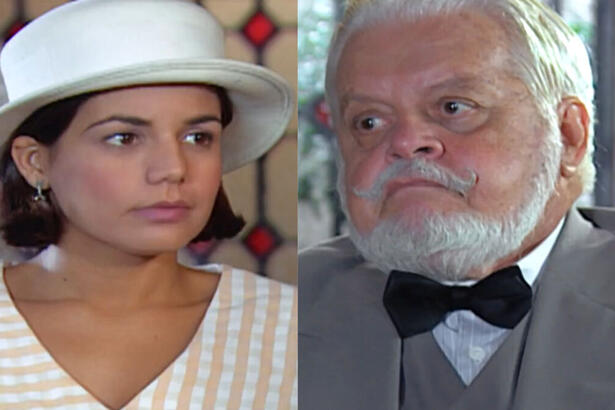 Montagem do capítulo 118 de Chocolate com Pimenta. Cena mostra Graça contando o segredo de Celina para o conde Klaus