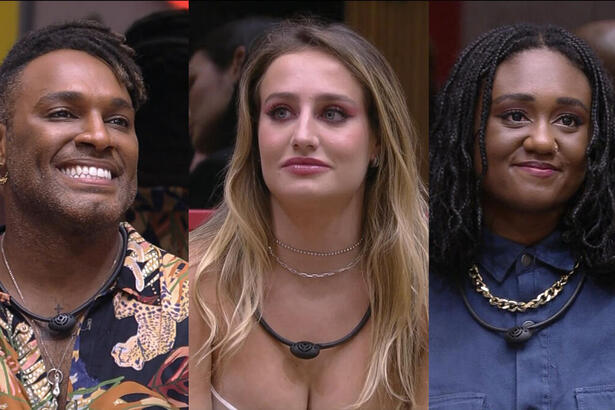 Montagem de Fred Nicácio, Bruna Griphao e Sarah Aline sentados no sofá do BBB 23, pedindo votos