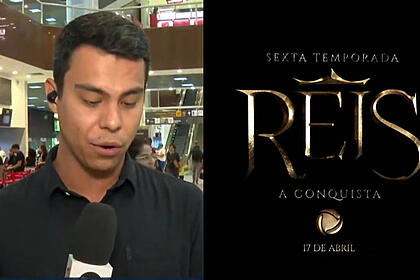 Montagem com repórter Bruno Grubertt, da TV Globo, fazendo link ao vivo no aeroporto que divulga a série Reis da Record TV
