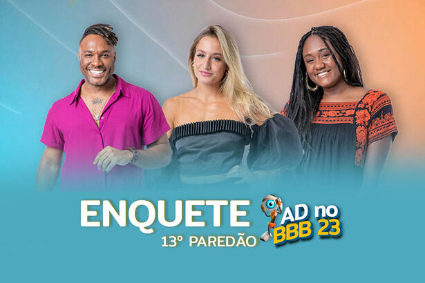 Arte de divulgação da enquete do 13º Paredão do BBB 23 com Fred Nicácio, Bruna Griphao e Sarah Aline