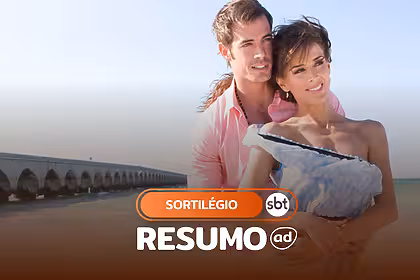 Casa de protagonistas sorridentes na arte do resumo semanal da novela sortilégio