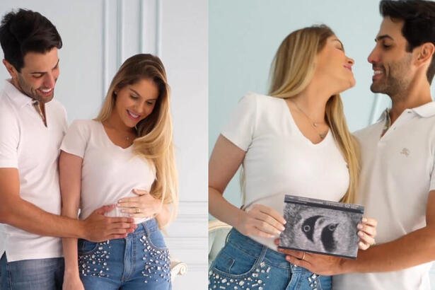 Bárbara Evans posando ao lado do marido no vídeo em que se anuncia a gravidez de gêmeos