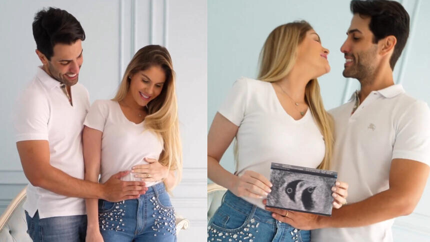 Bárbara Evans posando ao lado do marido no vídeo em que se anuncia a gravidez de gêmeos