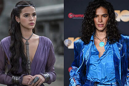 Imagem 1: Bruna Marquezine com vestimenta da sua personagem em Deus Salve o Rei; Imagem 2: Bruna Marquezine em encontro internacional para lançamento de Besouro Azul