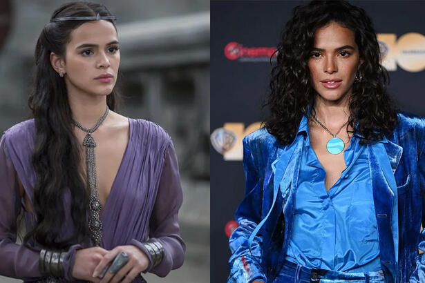 Imagem 1: Bruna Marquezine com vestimenta da sua personagem em Deus Salve o Rei; Imagem 2: Bruna Marquezine em encontro internacional para lançamento de Besouro Azul