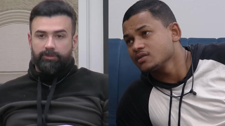Bruno Tálamo e Gabriel Roza em um montagem, na conversa da sala do A Grande Conquista