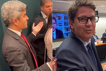Imagem 1: Guga Noblat com o braço aberto, com semblante confuso; Mário Frias de óculos, de perfil, olhando pra frente