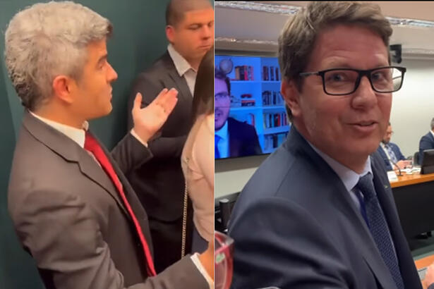 Imagem 1: Guga Noblat com o braço aberto, com semblante confuso; Mário Frias de óculos, de perfil, olhando pra frente
