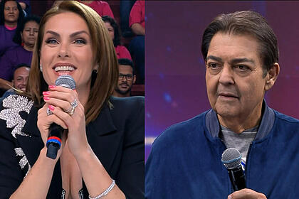 Ana Hickmann segura o microfone enquanto elogia Faustão na Band