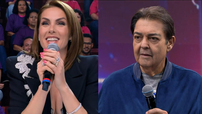 Ana Hickmann segura o microfone enquanto elogia Faustão na Band
