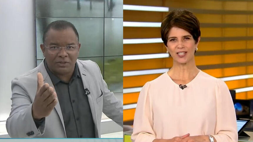Montagem com Evenilson Santana encerrando o Balanço Geral Manhã em Pernambuco e Mariana Godoy no estúdio do Fala Brasil