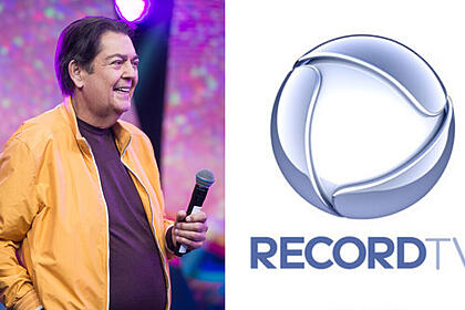 Montagem com Faustão sorrindo e o logo da record TV ao lado