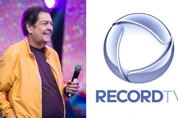 Montagem com Faustão sorrindo e o logo da record TV ao lado