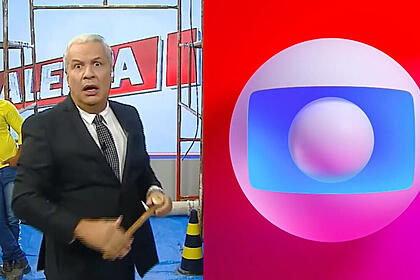 Montagem com sikêra jr. No cenário do alerta que está em obras na tv a crítica. Ele está com a boca aberta na primeira foto. Na segunda imagem o logo da tv globo que comemora audiência.
