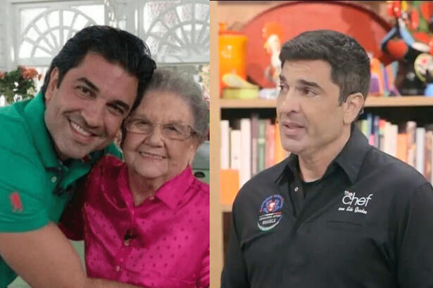 Montagem com Edu Guedes ao lado de Palmirinha. Na segunda imagem, o apresentador chora ao olhar fotos de Palmirinha