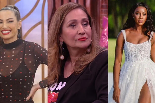 Montagem com Patrícia Poeta no Encontro sorrindo, Sonia Abrão séria no Lady Nigth e Camilla de Lucas mostrando seu vestido