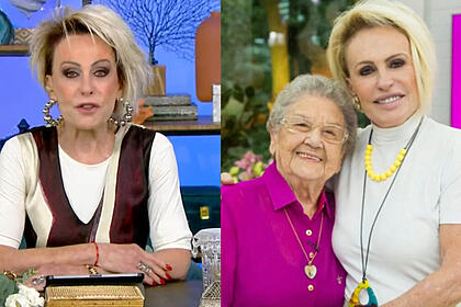 Ana Maria Braga no Mais Você, em montagem de uma foto posada dela abraçando Palmirinha Onofre