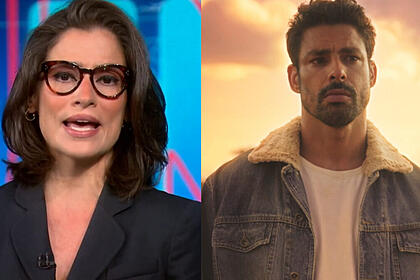 Renata vasconcellos, no jornal nacional, e cauã reymond, na novela terra e paixão, em uma montagem