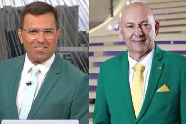 Rodrigo Bocardi e Luciano Hang em uma montagem, ambos com terno verde