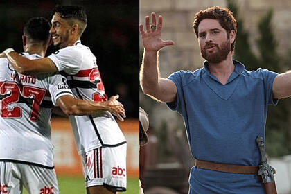 Jogadores do são paulo comemorando gol pela sul-americana, em montagem com cirillo luna, como davi, em trecho da série reis
