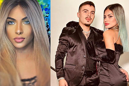 Imagem 1: sophia barclay de camisa preta, lente de contato azul e lace loira; thomaz costa e tati zaqui de look preto abraçados para foto