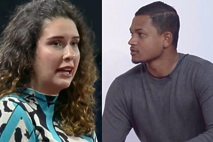 Stephanie Gomes e Gabriel Roza em trechos da discussão na atividade de apontamento no A Grande Conquista