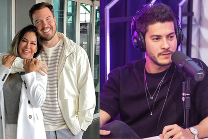 Thiago Nigro e Maíra Cardi abraçados, em montagem com Arthur Aguiar