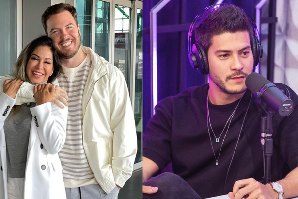 Thiago Nigro e Maíra Cardi abraçados, em montagem com Arthur Aguiar