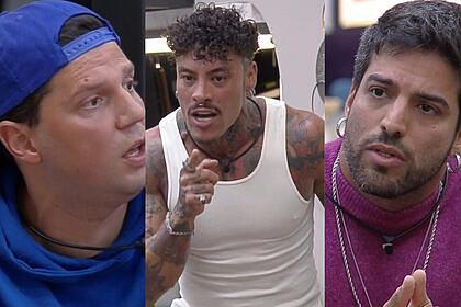 Thiago Servo, Murilo Dias e Ricardo Villardo em uma montagem, com trechos da votação no A Grande Conquista
