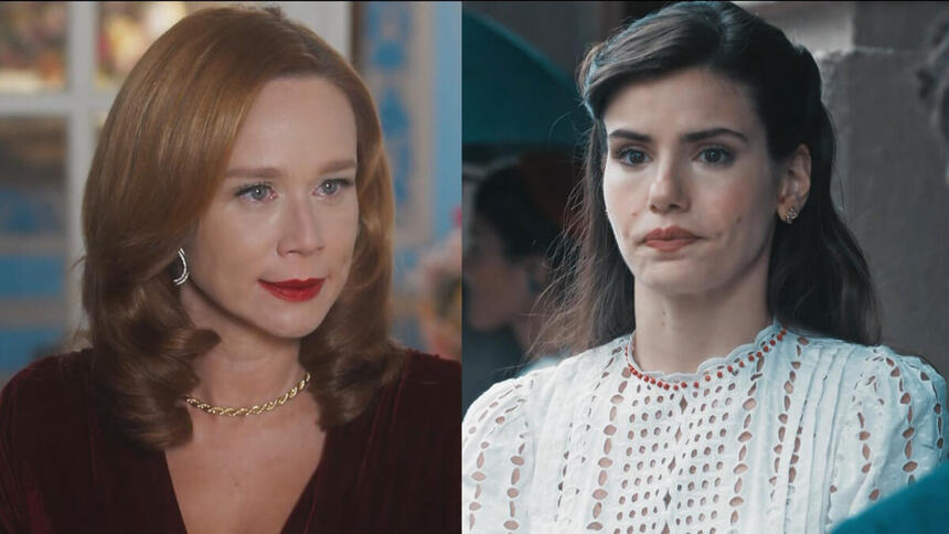 Montagem com Gilda e Marê em cenas da novela Amor Perfeito
