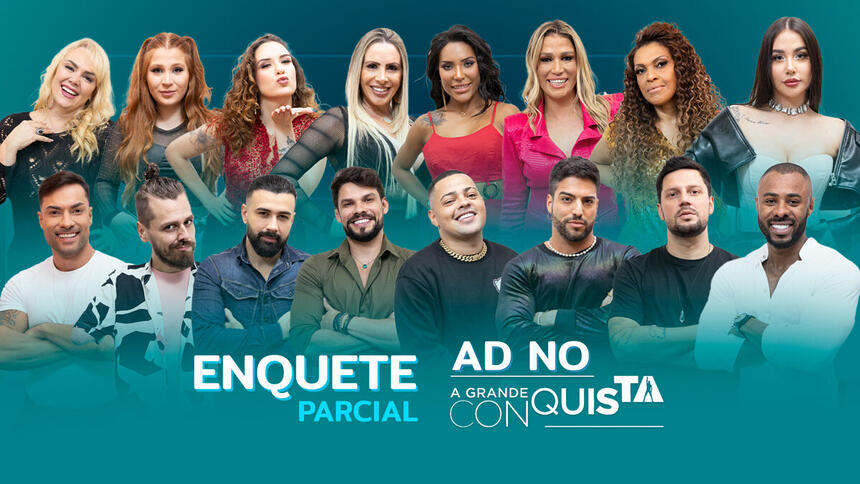 Arte da parcial da enquete com os 16 famosos que disputam 10 vagas na Mansão do A Grande Conquista da Record TV
