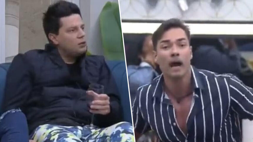 Thiago Servo sentado no sofá discutindo com Bruno Camargo na sala do A Grande Conquista
