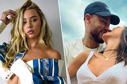 Celeste Bright, em montagem com uma foto de Neymar e Bruna Biancardi se abraçando