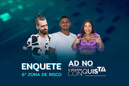 Daniel Toko, Gabriel Roza e Janielle Nogueira na arte de divulgação da enquete do A Grande Conquista