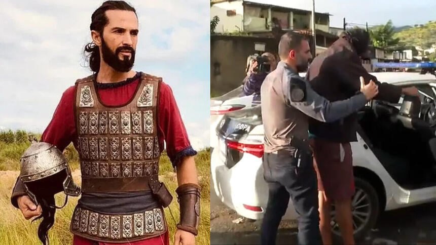 Jeff Machado em montagem com Jeander sendo preso pela polícia