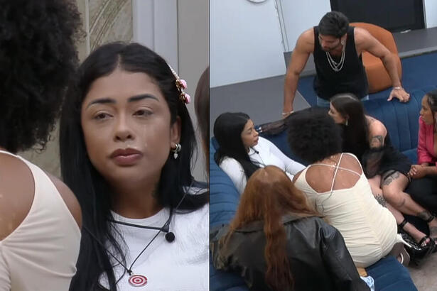 Medrado chorando, rodeada por várias amigas na sala e recebendo conselho de Natália Deodato no A Grande Conqusita
